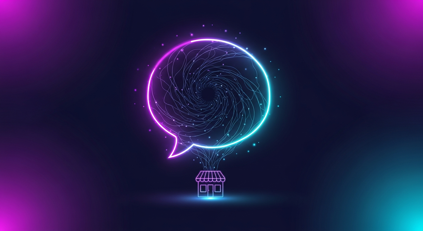 Cómo aparecer en ChatGPT: burbuja de chat con patrón neuronal espiral del que emerge la recomendación de un negocio
