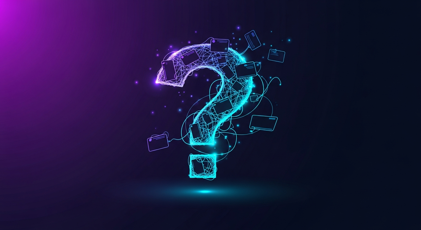 Cómo aparecer en Perplexity AI: signo de interrogación que se transforma en tarjetas de citas conectadas con líneas brillantes en tonos cian