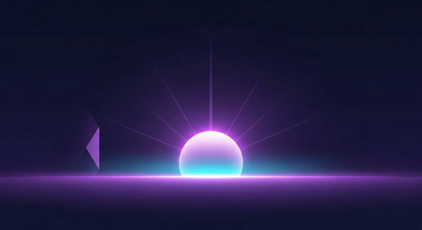 Concepto del futuro del SEO: una esfera de IA brillante reemplaza al icono clásico de búsqueda en el horizonte, transición hacia los motores generativos