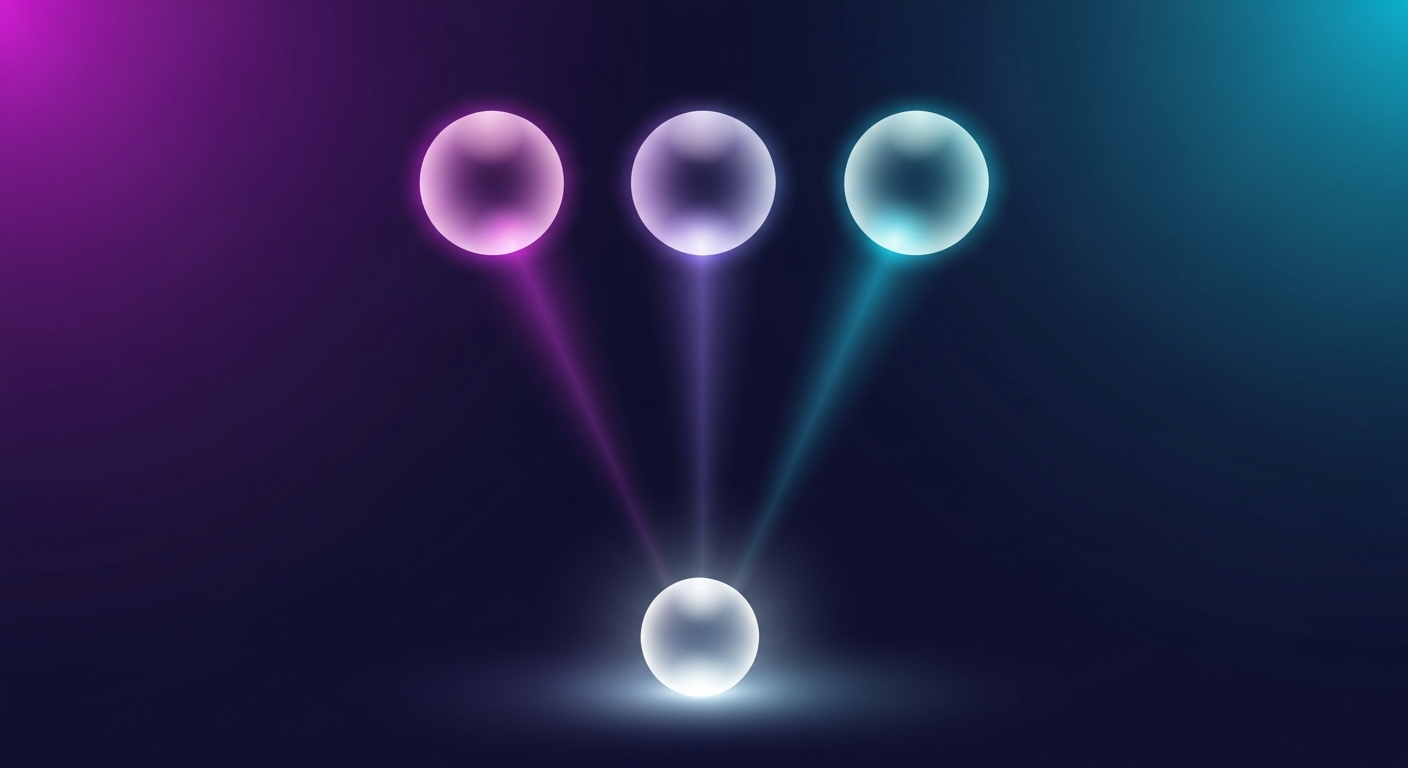 Posicionamiento multimodelo: tres esferas representando ChatGPT, Gemini y Perplexity conectadas a una marca central por haces de luz