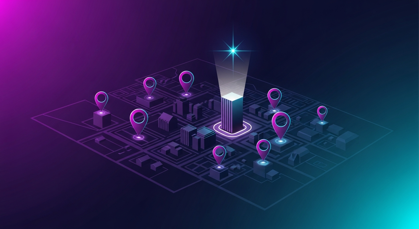 GEO para negocios locales: mapa estilizado con marcadores luminosos sobre comercios y haz de luz de IA destacando un escaparate concreto