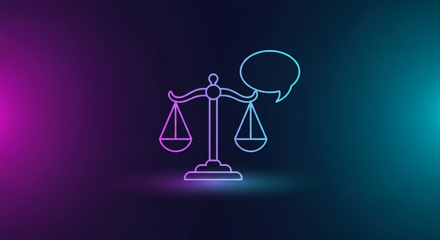GEO para despachos de abogados: balanza de la justicia en líneas mínimas luminosas con burbuja de chat superpuesta