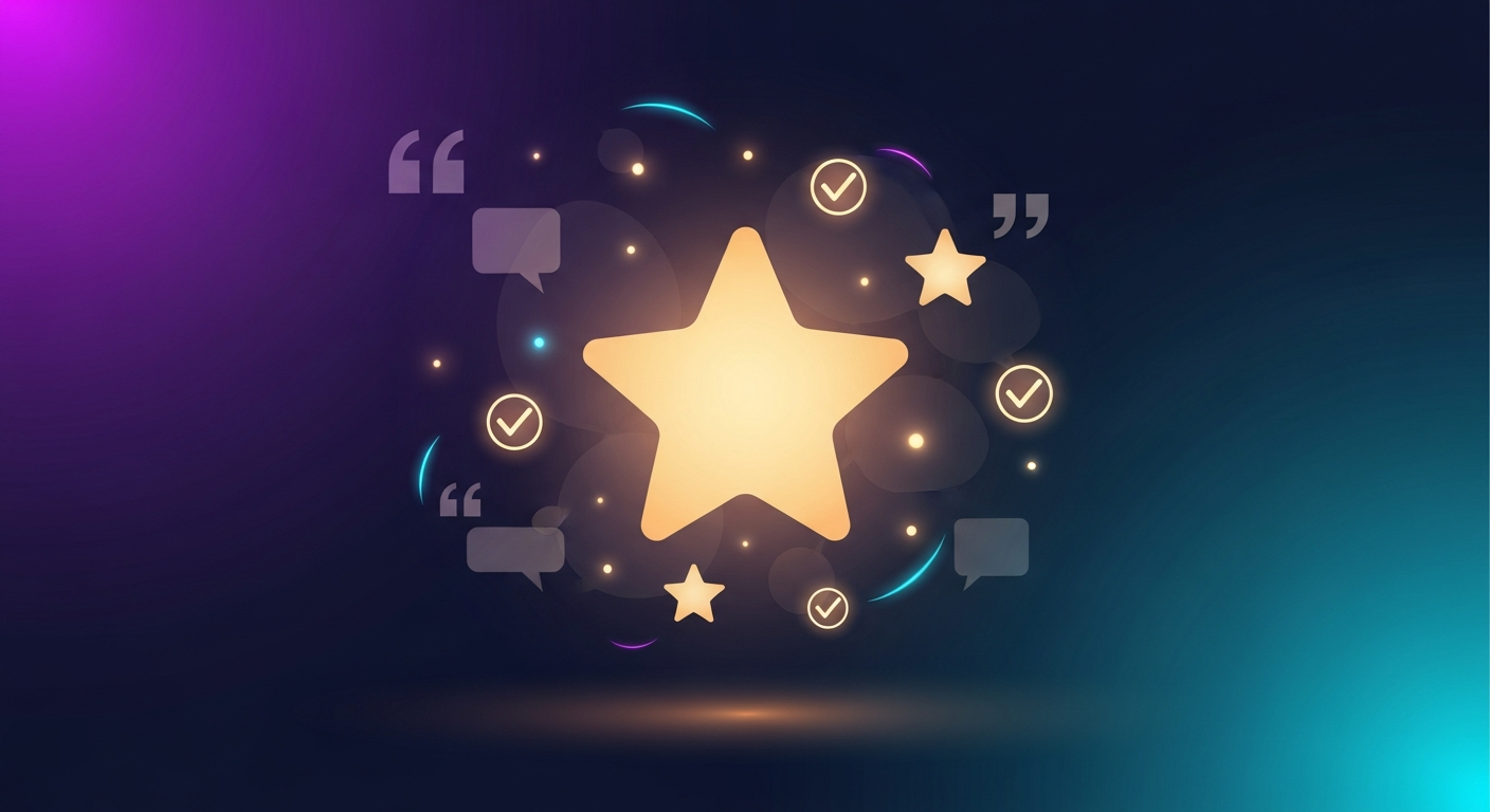 Reseñas y reviews para GEO: estrellas de valoración flotantes con burbujas de cita y verificaciones, nube de reputación digital
