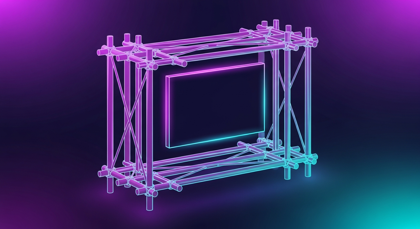 Schema.org para GEO: corchetes de código JSON-LD luminosos formando un andamiaje 3D alrededor de una web, datos estructurados para LLMs
