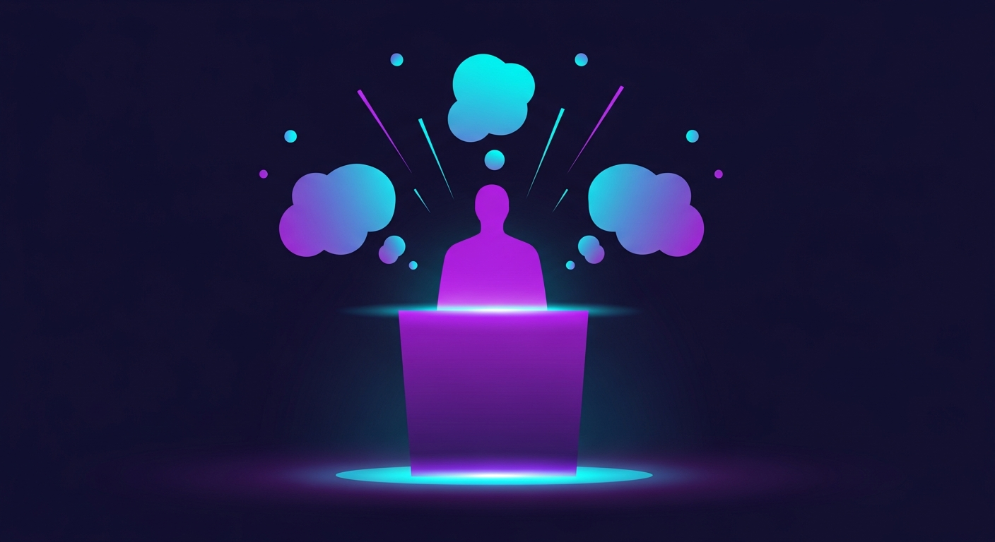 Thought leadership para GEO: figura sobre podio luminoso con burbujas de pensamiento que se convierten en citas de IA radiando hacia fuera