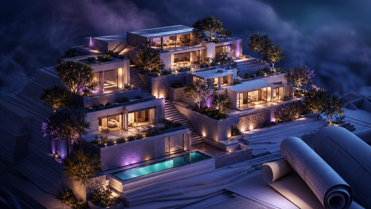 Maqueta de una promoción residencial con terrazas y planos desplegados.
