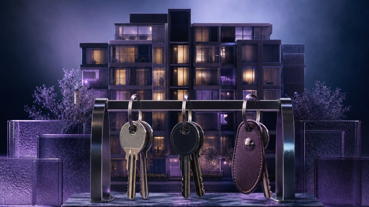 Llaves de varios apartamentos y una maqueta de edificio en una composición tridimensional.