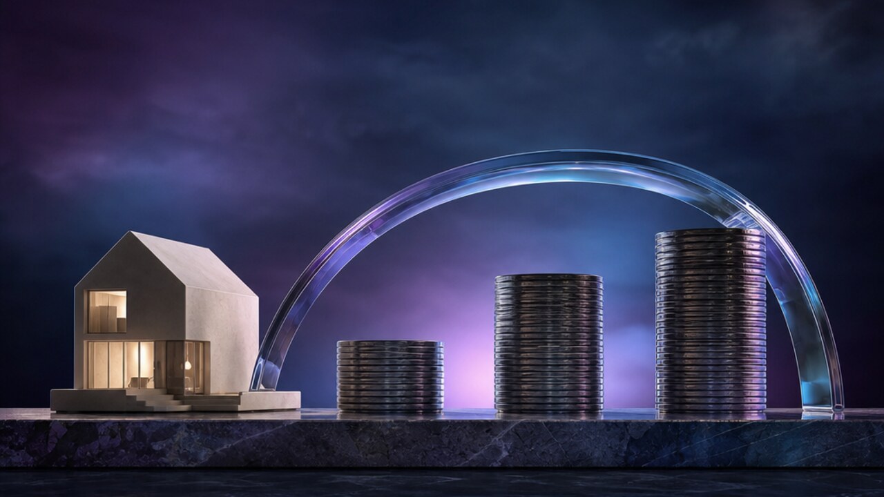 Maqueta de vivienda junto a piezas metálicas que representan una comparación financiera.