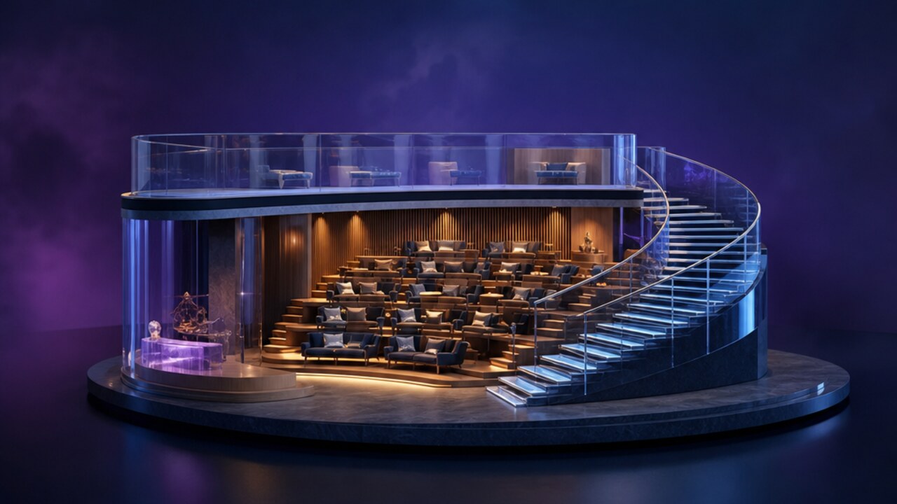 Auditorio y escalera de una escuela de negocios imaginaria, en maqueta arquitectónica.