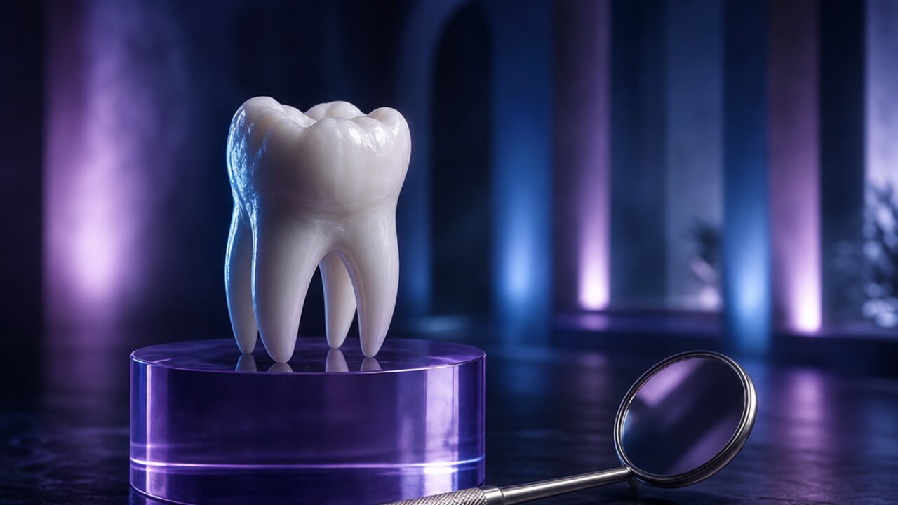 Diente de porcelana sobre vidrio violeta y espejo dental, en una ilustración tridimensional de estudio.