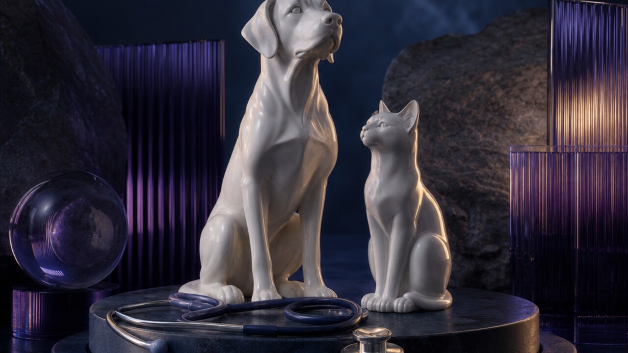 Figuras escultóricas de un perro y un gato junto a un fonendoscopio.