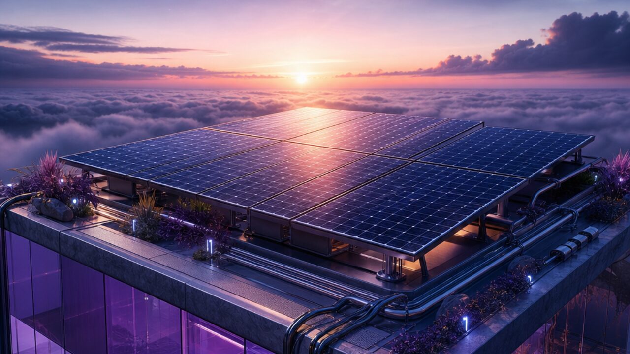 Paneles solares en una maqueta de cubierta con reflejos de luz.