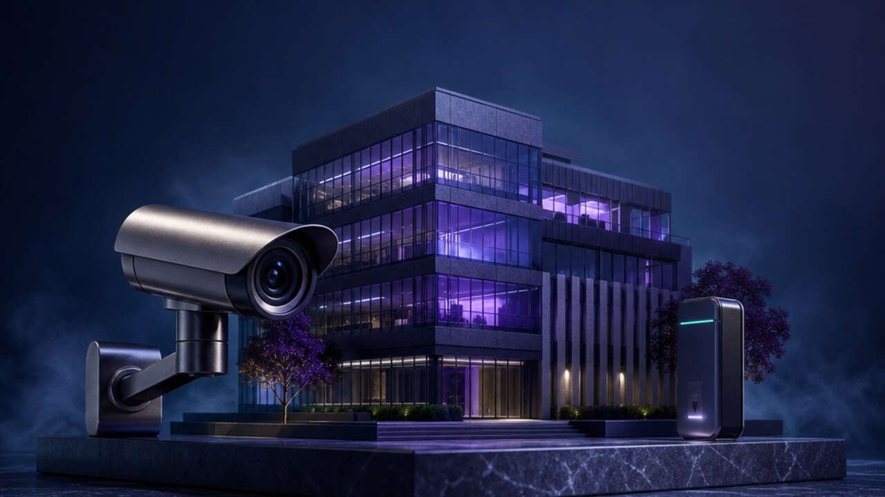 Posicionamiento en ChatGPT para Seguridad y alarmas B2B: enfoque de GEOMOND Sensores y cámaras sin marca alrededor de una maqueta de edificio empresarial.