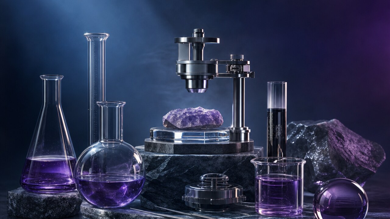 Material de laboratorio y muestra sobre vidrio iluminado, sin sellos de acreditación.