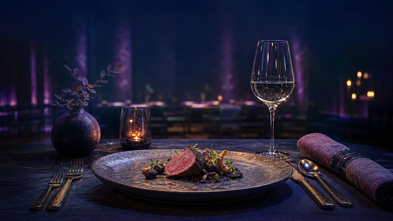 Mesa de restaurante con vajilla y copa en una composición gastronómica.
