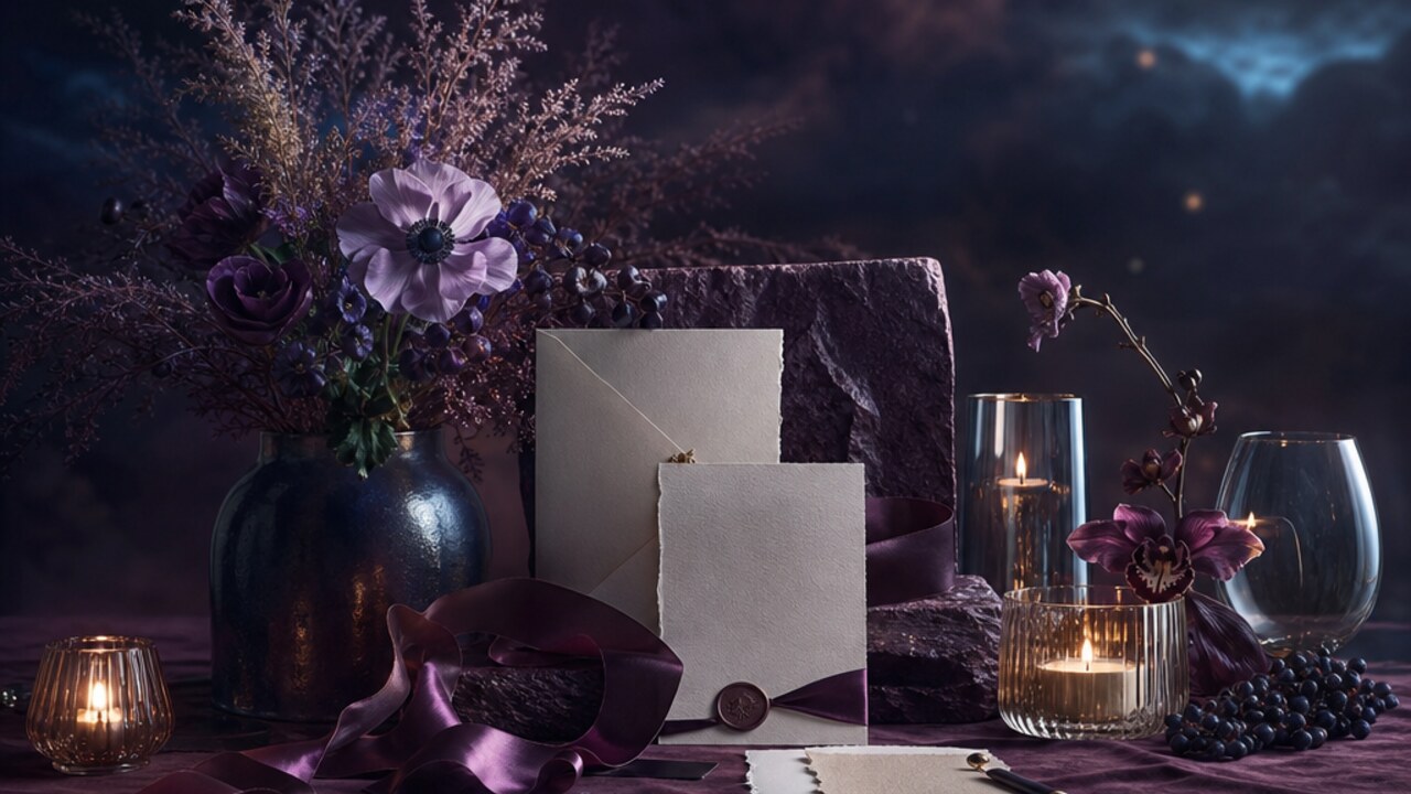 Mesa de planificación de boda con flores y muestras de materiales.