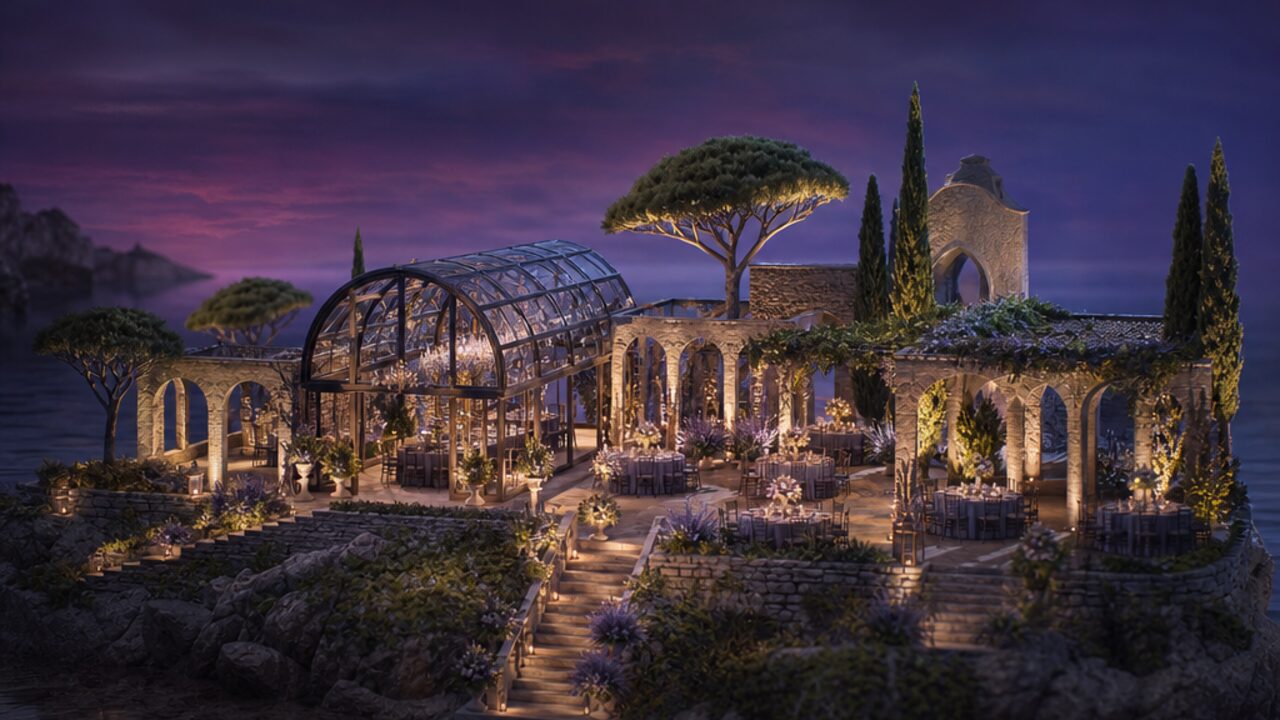 Maqueta de finca para bodas con jardín y espacio interior iluminado.