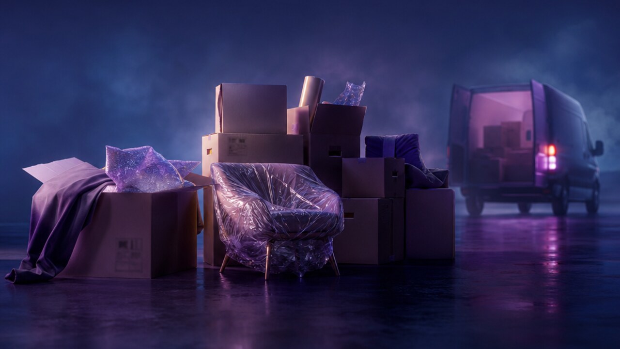 Cajas, mobiliario protegido y vehículo de mudanzas en una escena en miniatura.